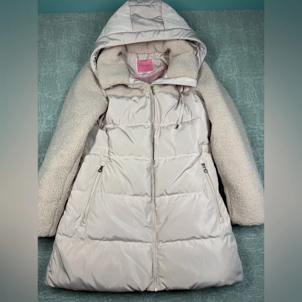 Kate Spade Sherpa Puffer Mixed Media coat Surf Pink Size Small